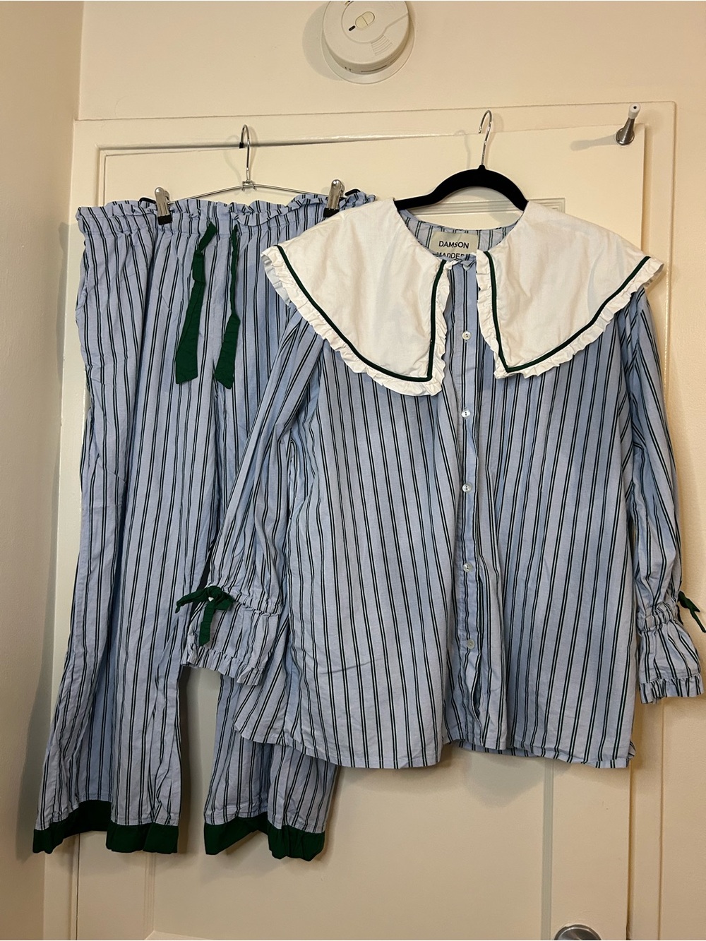 Damson Madder Striped Blue & White Pajama Set with Green Trim - US Size 14